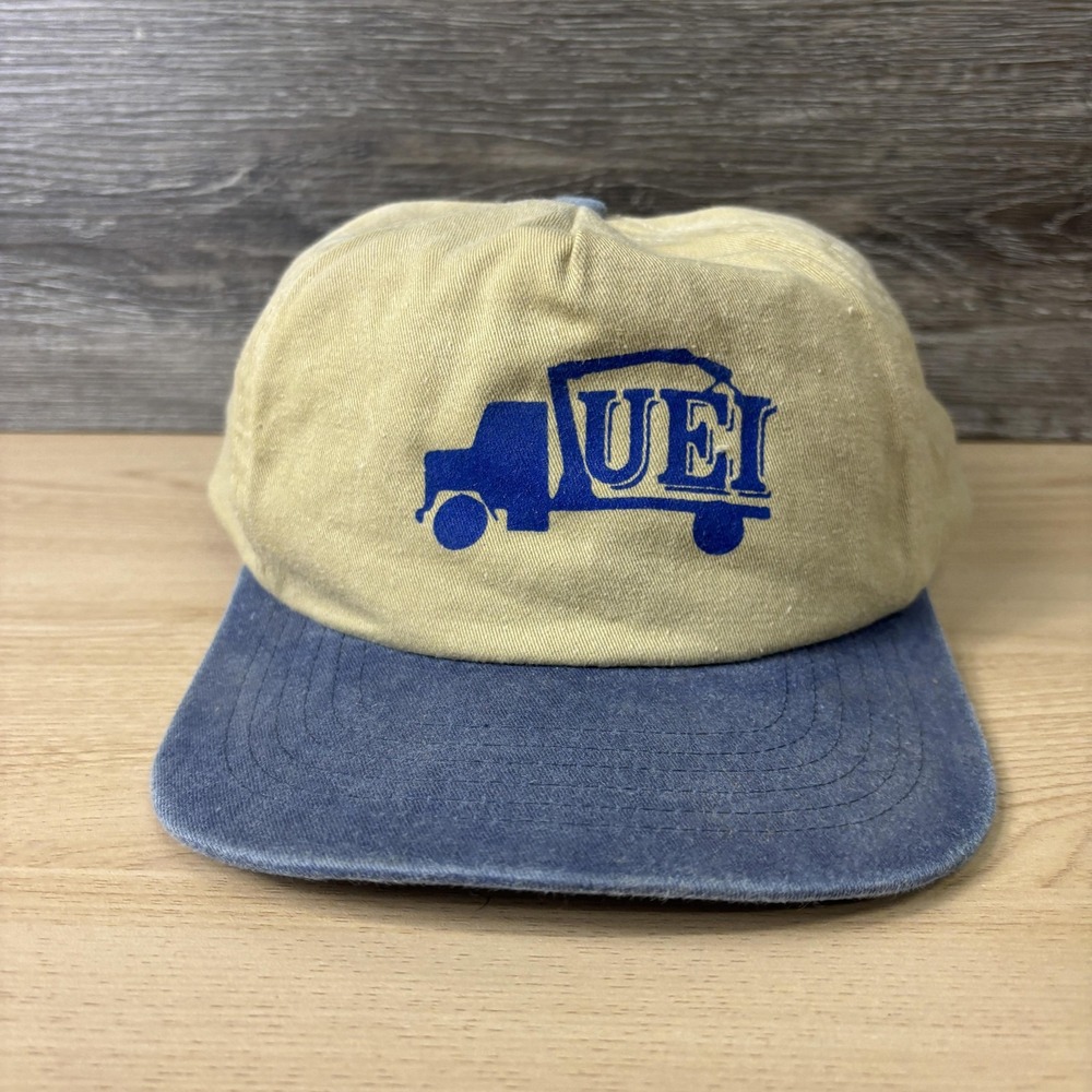 Vintage UEI Hat Cap Snap Back Tan Blue Advertising Truck Mens Denim Brim 90s